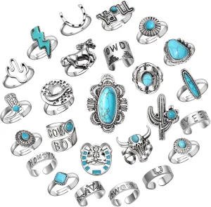 25Pcs Vintage Silver Knuckle Rings Set for Women Men, Western Cowgirl Cowboy Stackable Joint Finger Rings Open Stackable Midi Rings Retro Carved Stone Stacking Midi Adjustable Rings Bohemian Turquoise Boots Cactus Cow Head Rings Pack