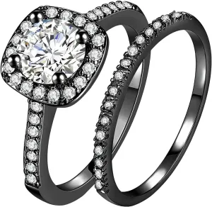 2PCS Square Cut Simulated Diamond Ring Set for Women Inlaid Zircon Anniversary Ring Stackable Rings (Black, 10)