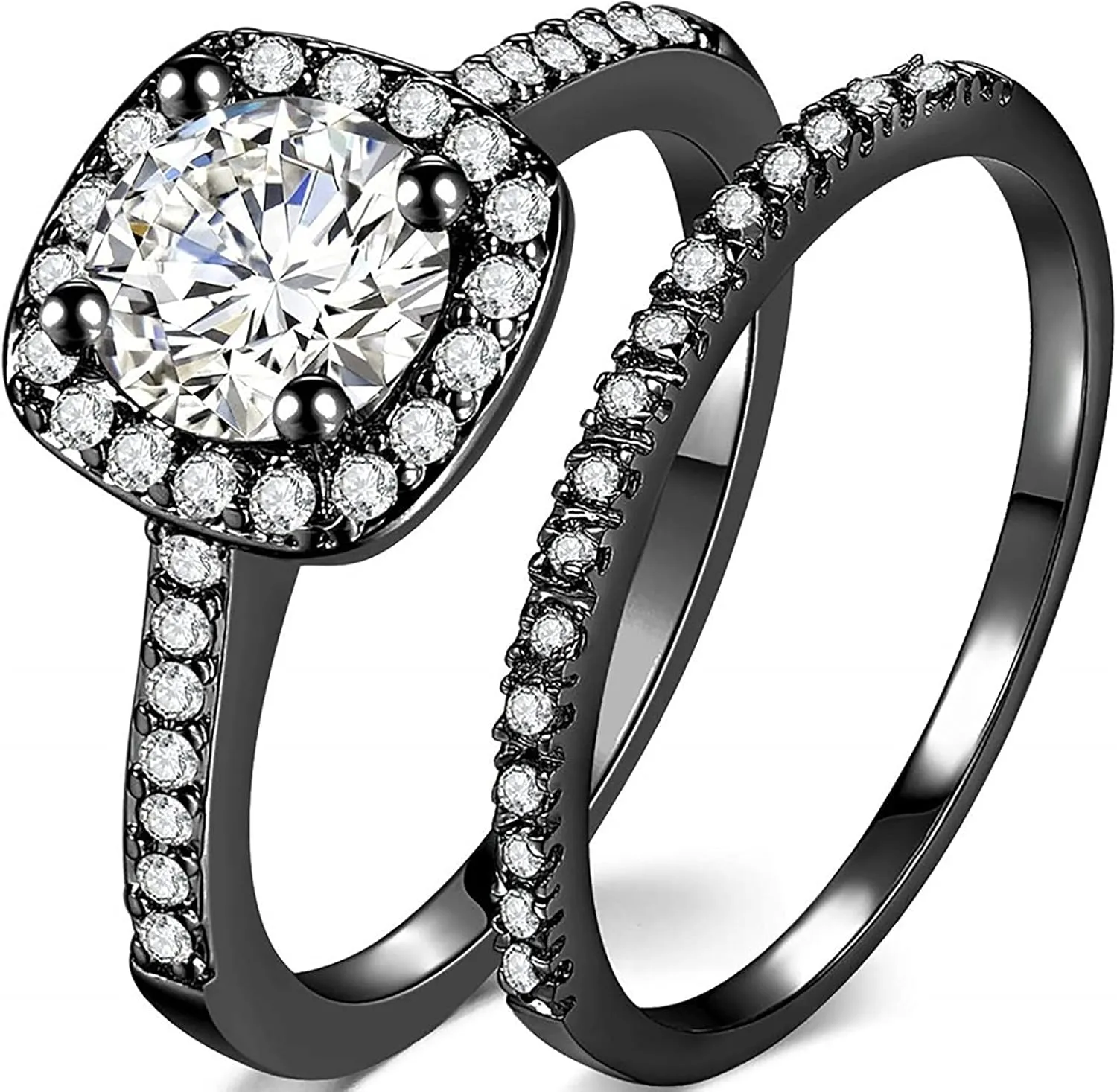 2PCS Square Cut Simulated Diamond Ring Set for Women Inlaid Zircon Anniversary Ring Stackable Rings (Black, 10)