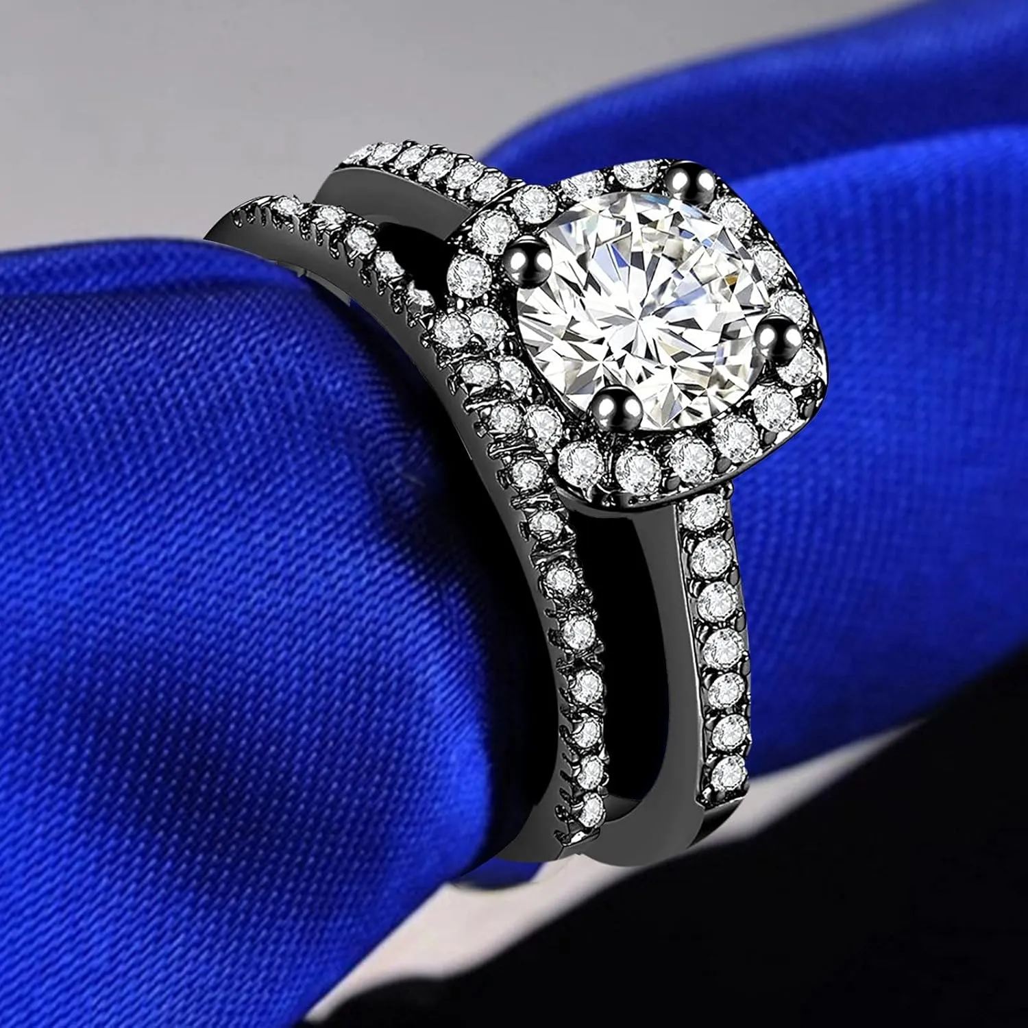 2PCS Square Cut Simulated Diamond Ring Set for Women Inlaid Zircon Anniversary Ring Stackable Rings (Black, 10)