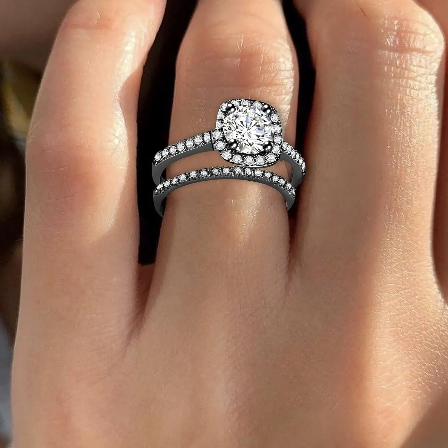 2PCS Square Cut Simulated Diamond Ring Set for Women Inlaid Zircon Anniversary Ring Stackable Rings (Black, 10)