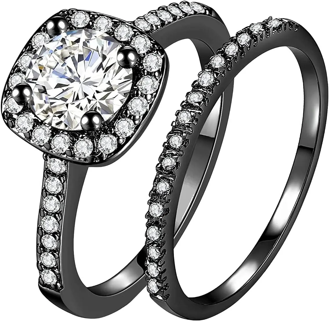 2PCS Square Cut Simulated Diamond Ring Set for Women Inlaid Zircon Anniversary Ring Stackable Rings (Black, 10)