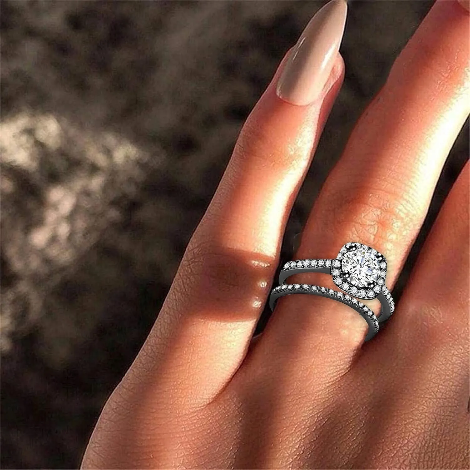 2PCS Square Cut Simulated Diamond Ring Set for Women Inlaid Zircon Anniversary Ring Stackable Rings (Black, 10)