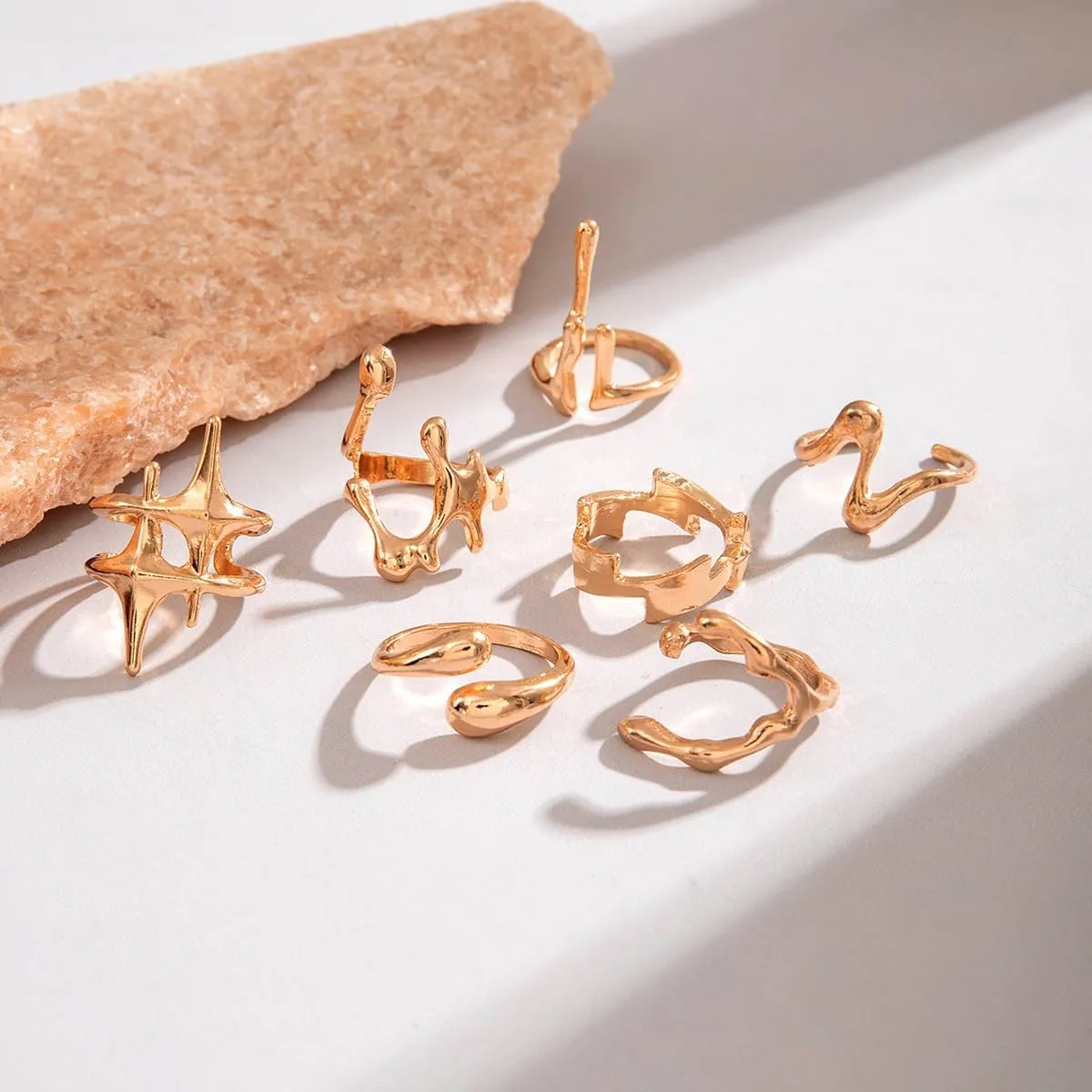 3-12PCS Gold Chunky Rings For Women 14K Gold Plated Stacking Ring Set Open Dome Knuckle Rings Adjustable Chunky Signet Rings Irregular Skeleton Geometric Stacking Ring Set