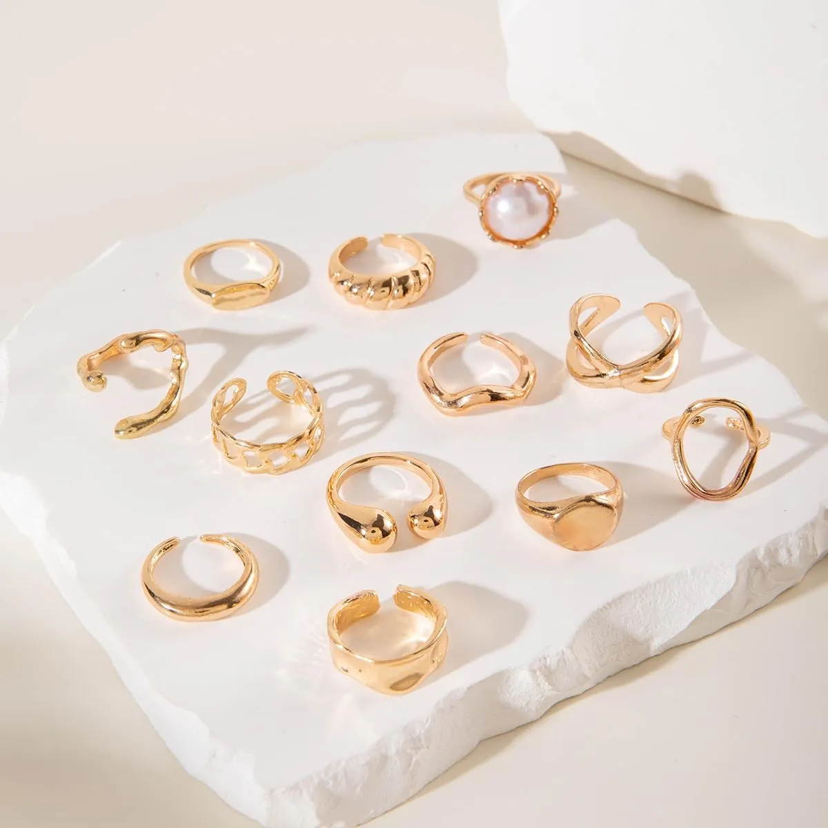 3-12PCS Gold Chunky Rings For Women 14K Gold Plated Stacking Ring Set Open Dome Knuckle Rings Adjustable Chunky Signet Rings Irregular Skeleton Geometric Stacking Ring Set