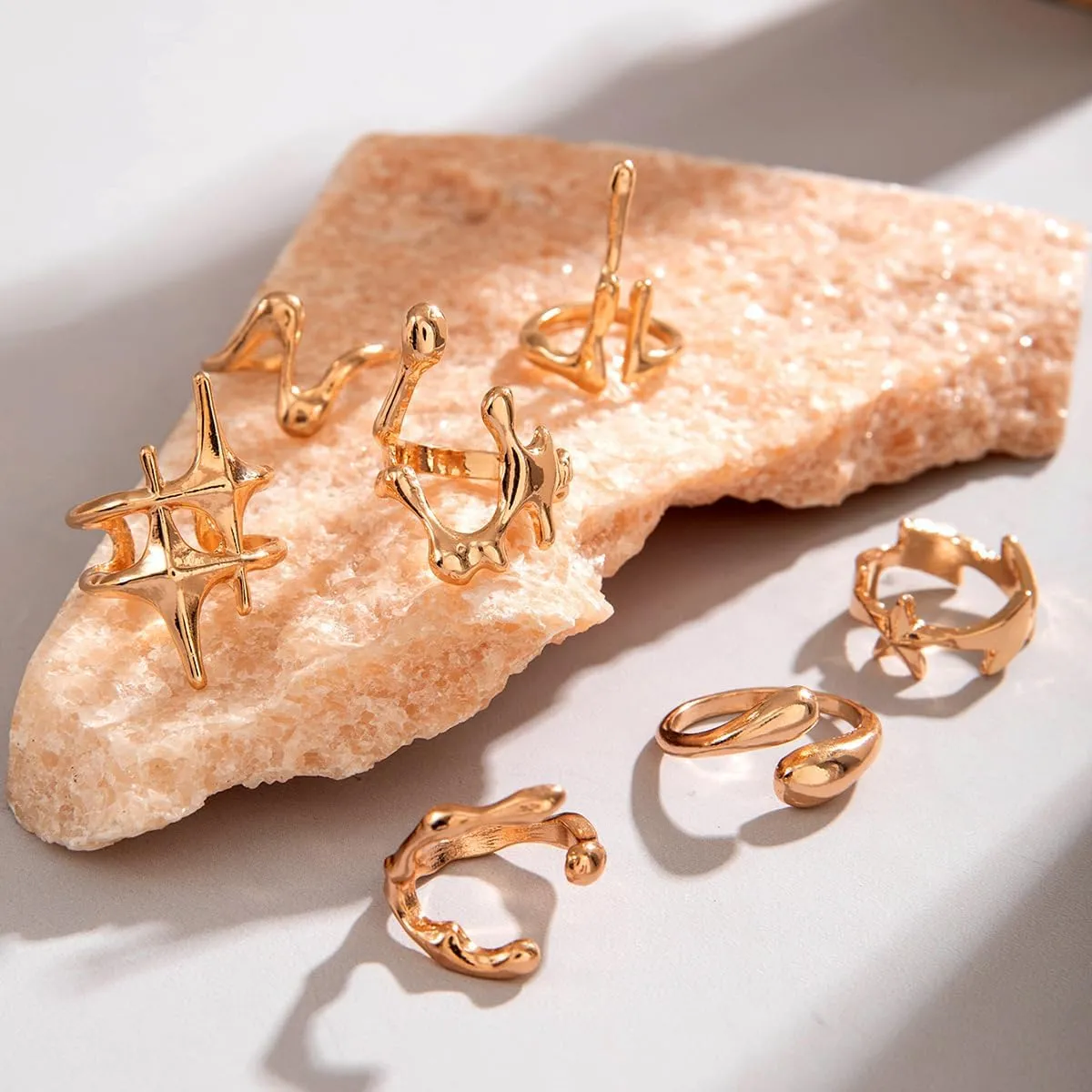 3-12PCS Gold Chunky Rings For Women 14K Gold Plated Stacking Ring Set Open Dome Knuckle Rings Adjustable Chunky Signet Rings Irregular Skeleton Geometric Stacking Ring Set