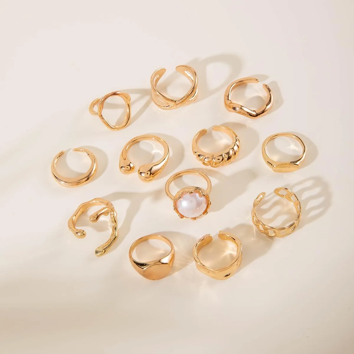 3-12PCS Gold Chunky Rings For Women 14K Gold Plated Stacking Ring Set Open Dome Knuckle Rings Adjustable Chunky Signet Rings Irregular Skeleton Geometric Stacking Ring Set