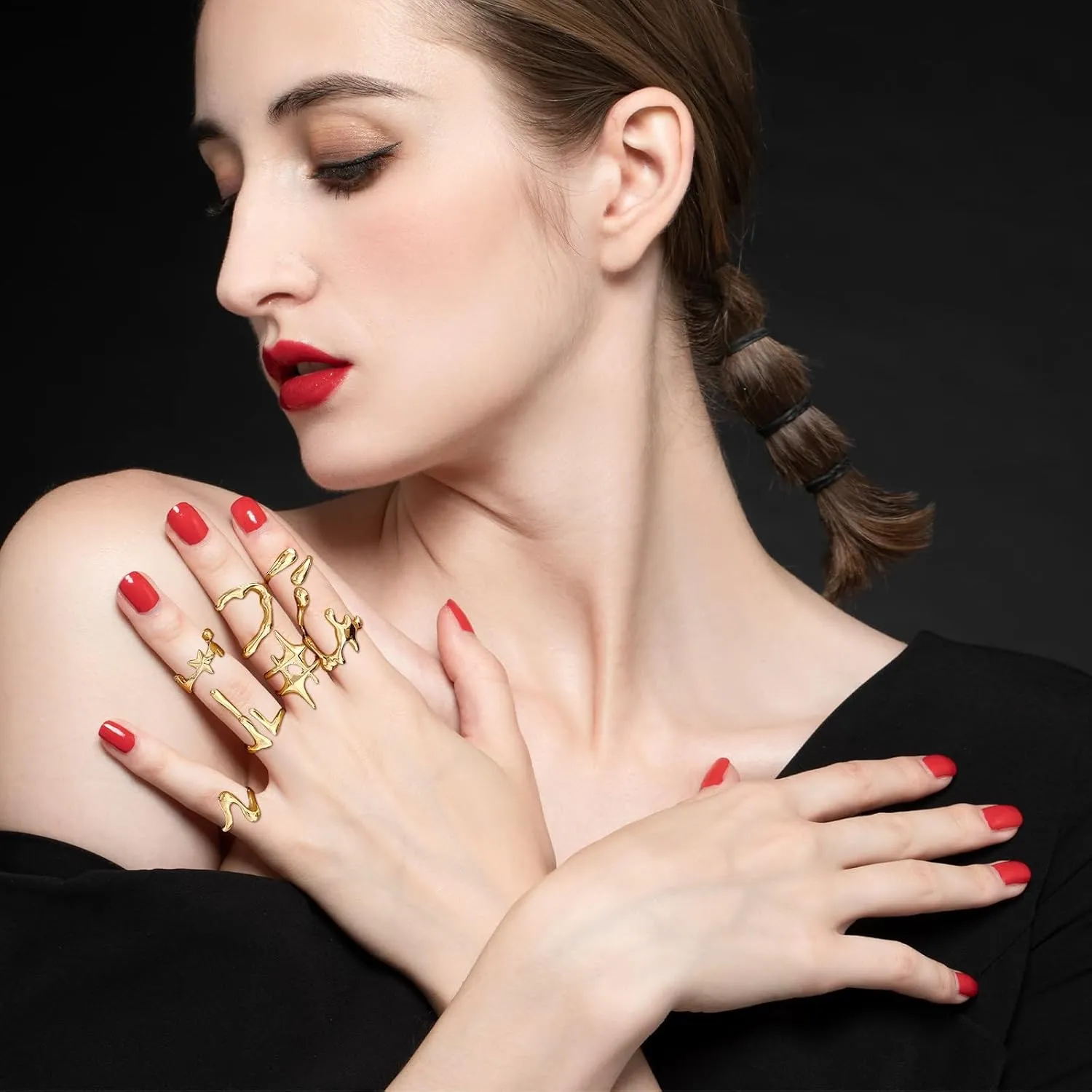 3-12PCS Gold Chunky Rings For Women 14K Gold Plated Stacking Ring Set Open Dome Knuckle Rings Adjustable Chunky Signet Rings Irregular Skeleton Geometric Stacking Ring Set