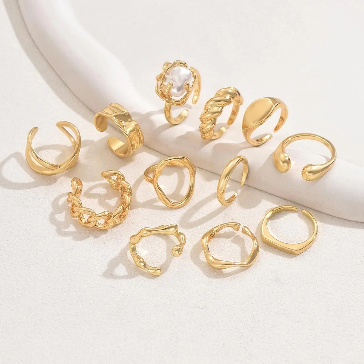 3-12PCS Gold Chunky Rings For Women 14K Gold Plated Stacking Ring Set Open Dome Knuckle Rings Adjustable Chunky Signet Rings Irregular Skeleton Geometric Stacking Ring Set