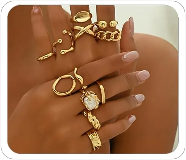 3-12PCS Gold Chunky Rings For Women 14K Gold Plated Stacking Ring Set Open Dome Knuckle Rings Adjustable Chunky Signet Rings Irregular Skeleton Geometric Stacking Ring Set