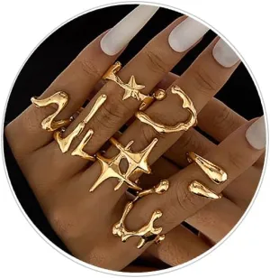 3-12PCS Gold Chunky Rings For Women 14K Gold Plated Stacking Ring Set Open Dome Knuckle Rings Adjustable Chunky Signet Rings Irregular Skeleton Geometric Stacking Ring Set