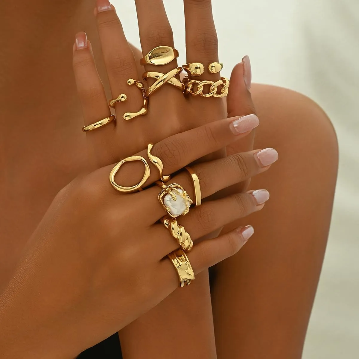 3-12PCS Gold Chunky Rings For Women 14K Gold Plated Stacking Ring Set Open Dome Knuckle Rings Adjustable Chunky Signet Rings Irregular Skeleton Geometric Stacking Ring Set