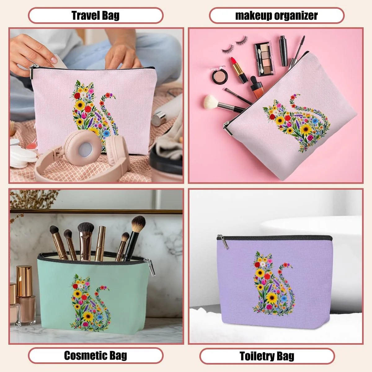 3 Pack Wildlower Funny Cat Gifts for Women Cat Lover Gifts Makeup Bag,Cosmetic Bags for Women,Nurse Teacher Girls Trip Bachelorette Party Toiletry Bag Christmas Friendship Graduation Vacation