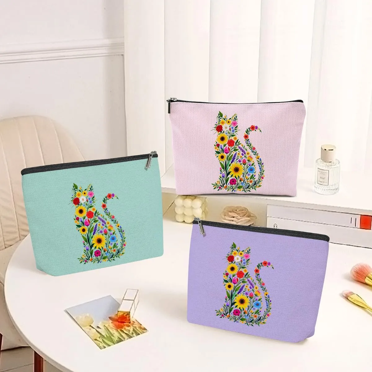 3 Pack Wildlower Funny Cat Gifts for Women Cat Lover Gifts Makeup Bag,Cosmetic Bags for Women,Nurse Teacher Girls Trip Bachelorette Party Toiletry Bag Christmas Friendship Graduation Vacation