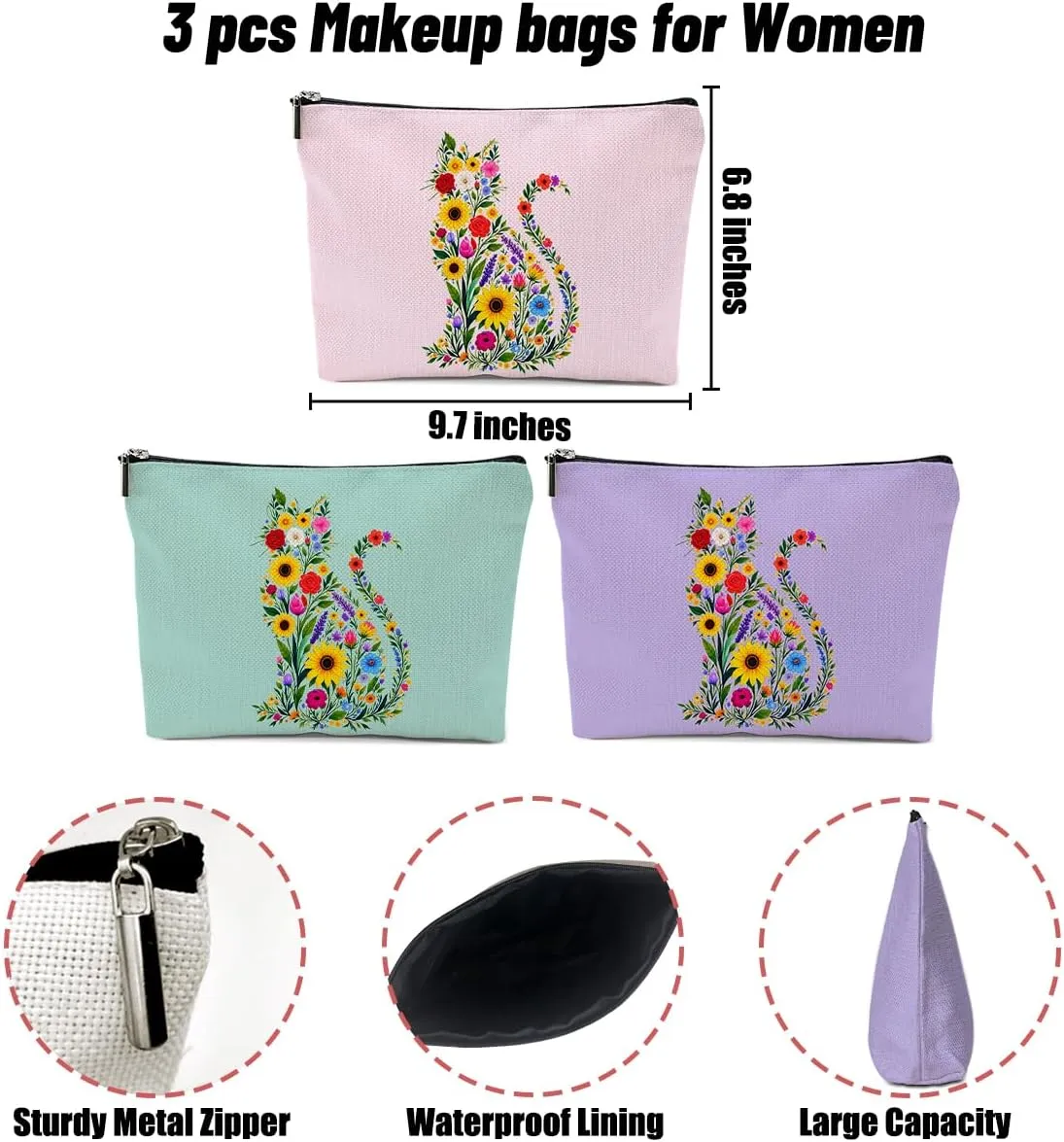 3 Pack Wildlower Funny Cat Gifts for Women Cat Lover Gifts Makeup Bag,Cosmetic Bags for Women,Nurse Teacher Girls Trip Bachelorette Party Toiletry Bag Christmas Friendship Graduation Vacation