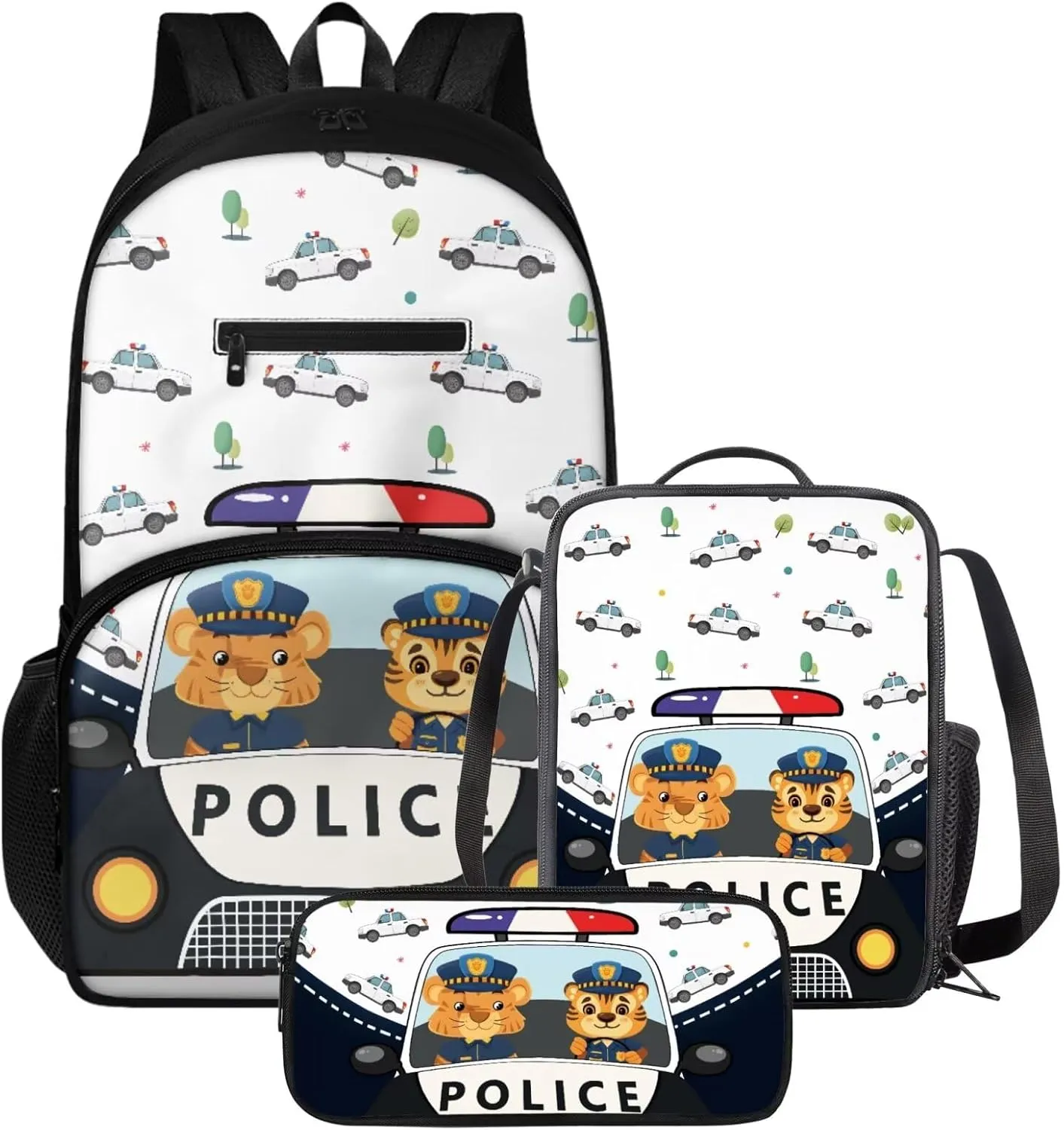 3 Pcs Backpack Set Kids Tigers Police Car Print Elementary School Bag Cool Pencil Pouch for Boys 8-10 Insulated Lunch Bag for Kids School Travel