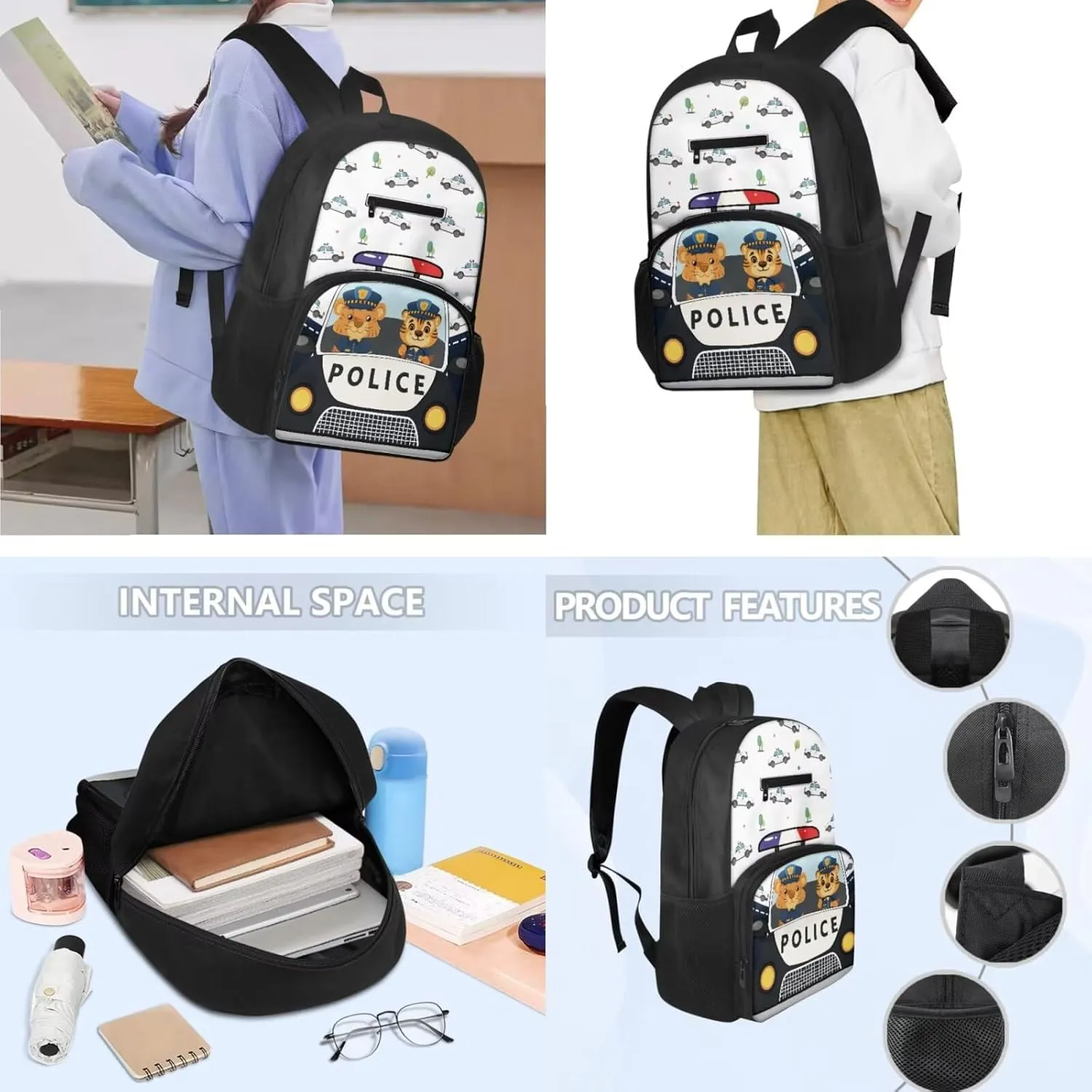 3 Pcs Backpack Set Kids Tigers Police Car Print Elementary School Bag Cool Pencil Pouch for Boys 8-10 Insulated Lunch Bag for Kids School Travel