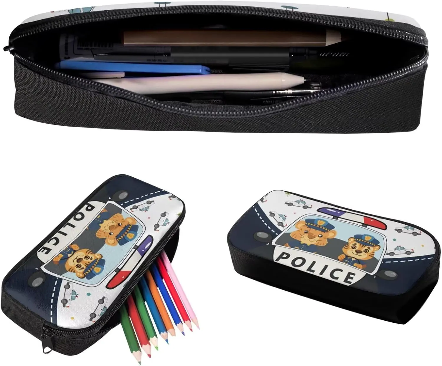 3 Pcs Backpack Set Kids Tigers Police Car Print Elementary School Bag Cool Pencil Pouch for Boys 8-10 Insulated Lunch Bag for Kids School Travel