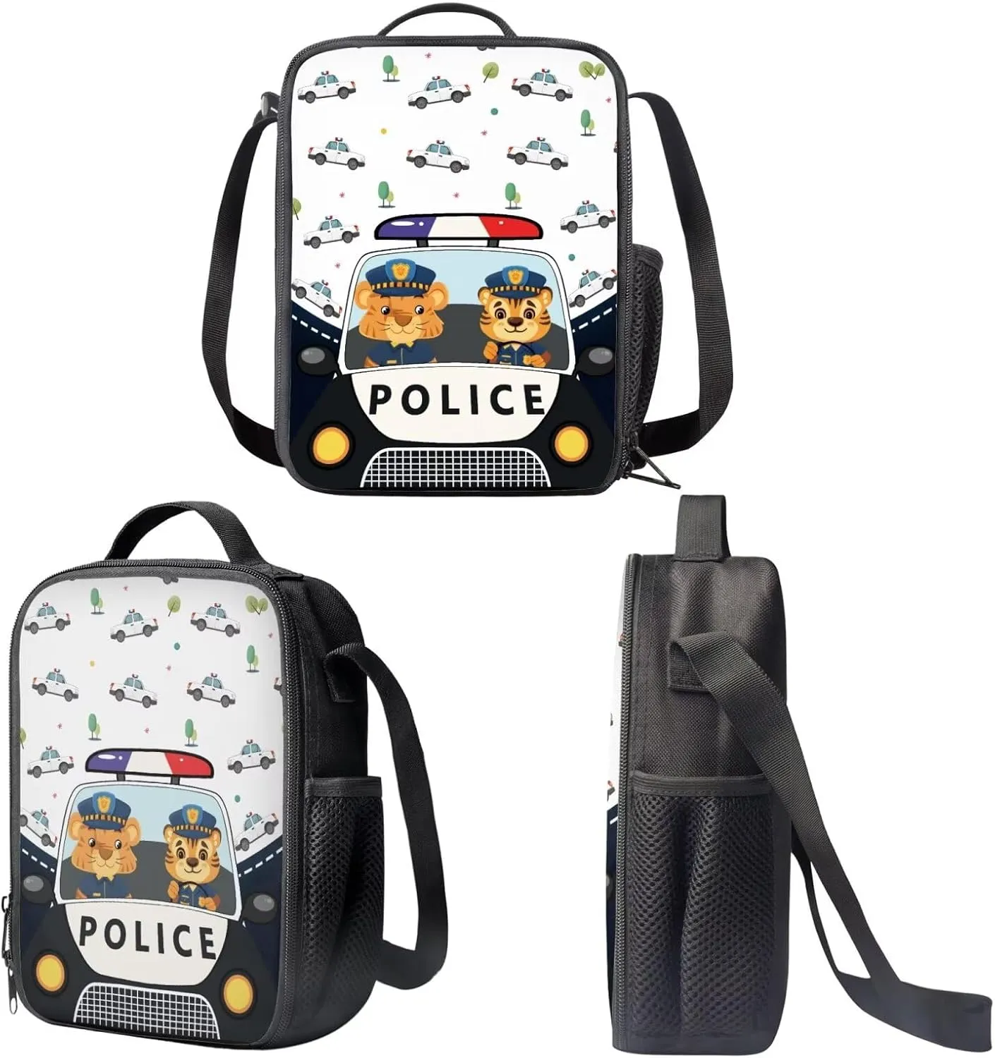 3 Pcs Backpack Set Kids Tigers Police Car Print Elementary School Bag Cool Pencil Pouch for Boys 8-10 Insulated Lunch Bag for Kids School Travel