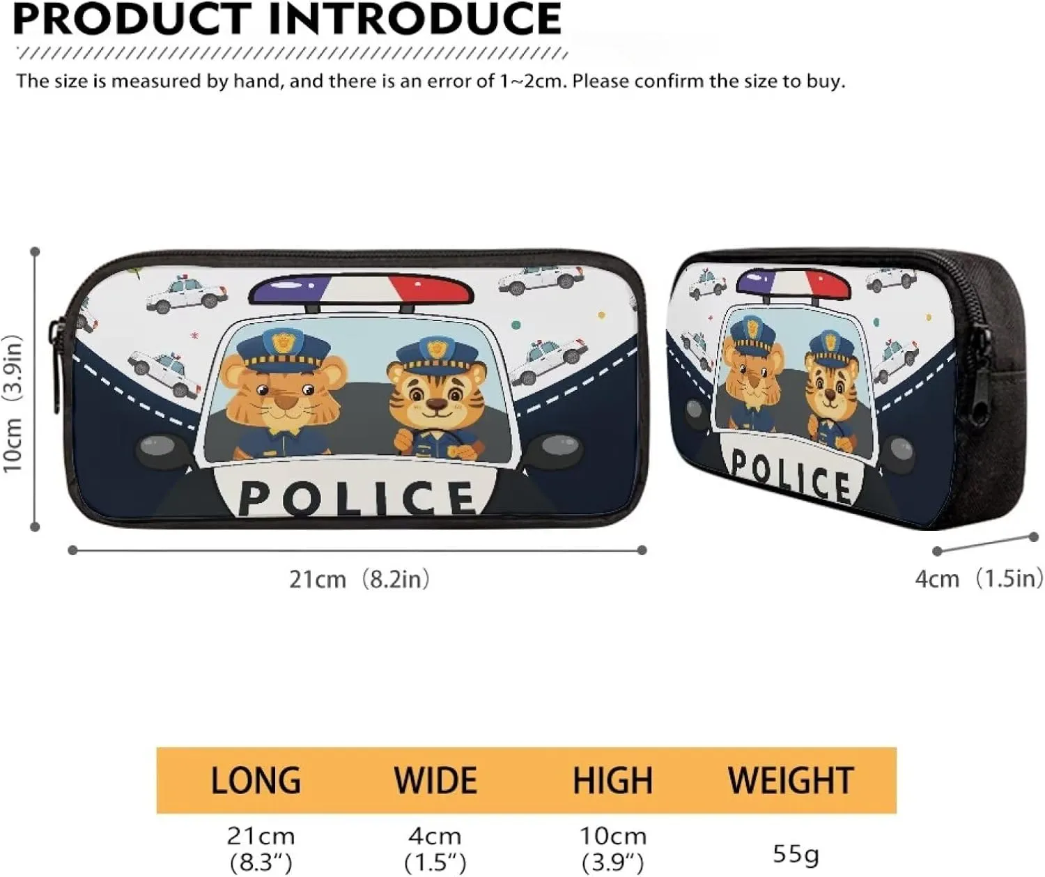 3 Pcs Backpack Set Kids Tigers Police Car Print Elementary School Bag Cool Pencil Pouch for Boys 8-10 Insulated Lunch Bag for Kids School Travel