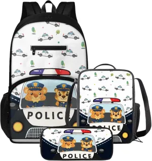 3 Pcs Backpack Set Kids Tigers Police Car Print Elementary School Bag Cool Pencil Pouch for Boys 8-10 Insulated Lunch Bag for Kids School Travel