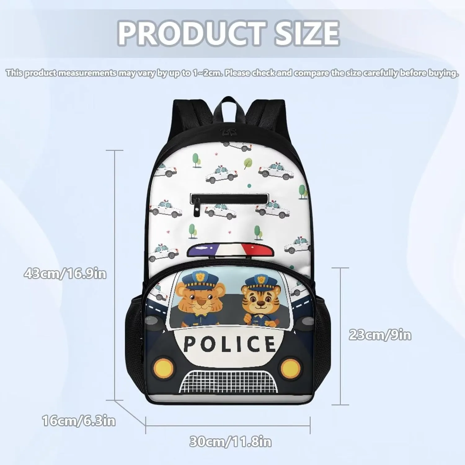 3 Pcs Backpack Set Kids Tigers Police Car Print Elementary School Bag Cool Pencil Pouch for Boys 8-10 Insulated Lunch Bag for Kids School Travel