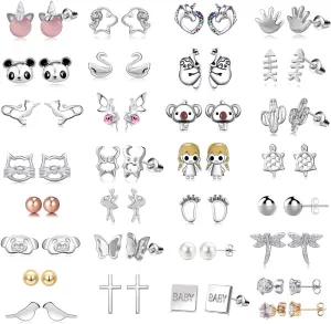 30 Assorted Stainless Steel Stud Earrings for Teen Girls - Hypoallergenic Fairy Earrings with Faux Pearls & Pink CZ Cats