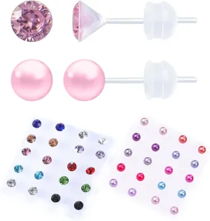 30 Pairs Cubic Zirconia Earrings - Plastic Post & Stud Earrings for Women with Pearls, Suitable for Sensitive Ears