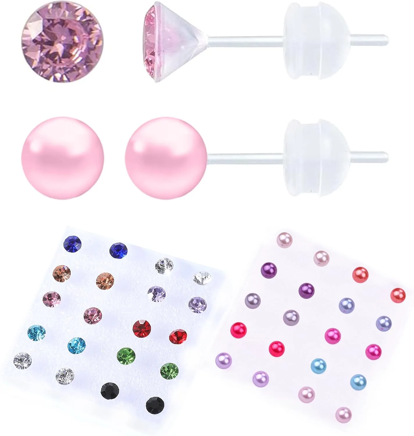30 Pairs Cubic Zirconia Earrings - Plastic Post & Stud Earrings for Women with Pearls, Suitable for Sensitive Ears