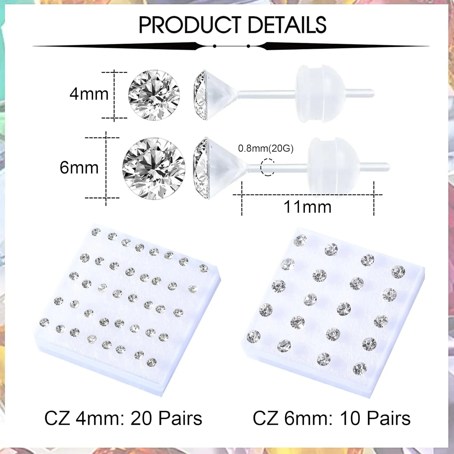 30 Pairs CZ Plastic Post Earrings for Girls - Hypoallergenic Stud Earrings for Sensitive Ears