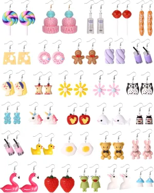 30 Pairs Weird Funny Earrings Set for Teens Girls Cute Fun Dangle Earrings for Women Mushroom Strawberry Daisy Donut Boba Food Animal Earrings Funky Aesthetic Earrings Kidcore Accessories