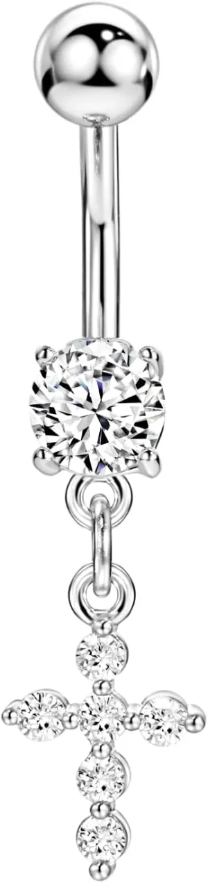 316L Surgical Steel Belly Button Rings - Cubic Zirconia Dangling Navel Rings, 14 Gauge 10 mm Screw On Piercing Stud