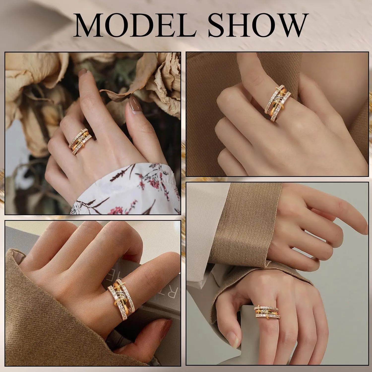 3/4PC Stackable Rings for Women Non Tarnish,14k Gold Plated Dainty Stacking Cubic Zirconia Thumb Rings,Silver Gold Multi Ring Mixed Metals Stack Rings Set