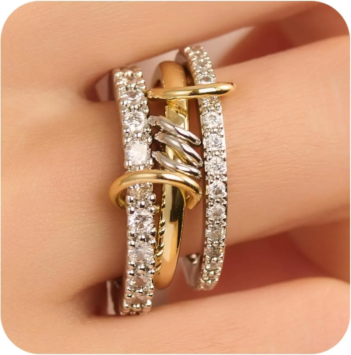 3/4PC Stackable Rings for Women Non Tarnish,14k Gold Plated Dainty Stacking Cubic Zirconia Thumb Rings,Silver Gold Multi Ring Mixed Metals Stack Rings Set