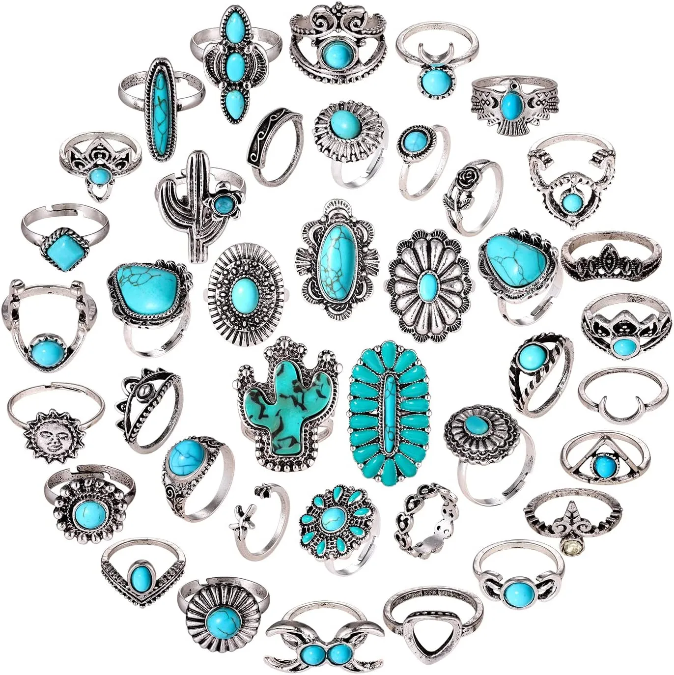 36-40 Pcs Vintage Silver Knuckle Rings for Women WesternTurquoise Rings Boho Silver Oval Gemstone Ring Joint Knuckle Rings