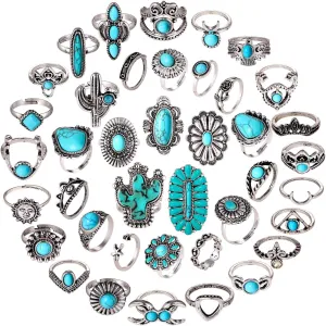 36-40 Pcs Vintage Silver Knuckle Rings for Women WesternTurquoise Rings Boho Silver Oval Gemstone Ring Joint Knuckle Rings