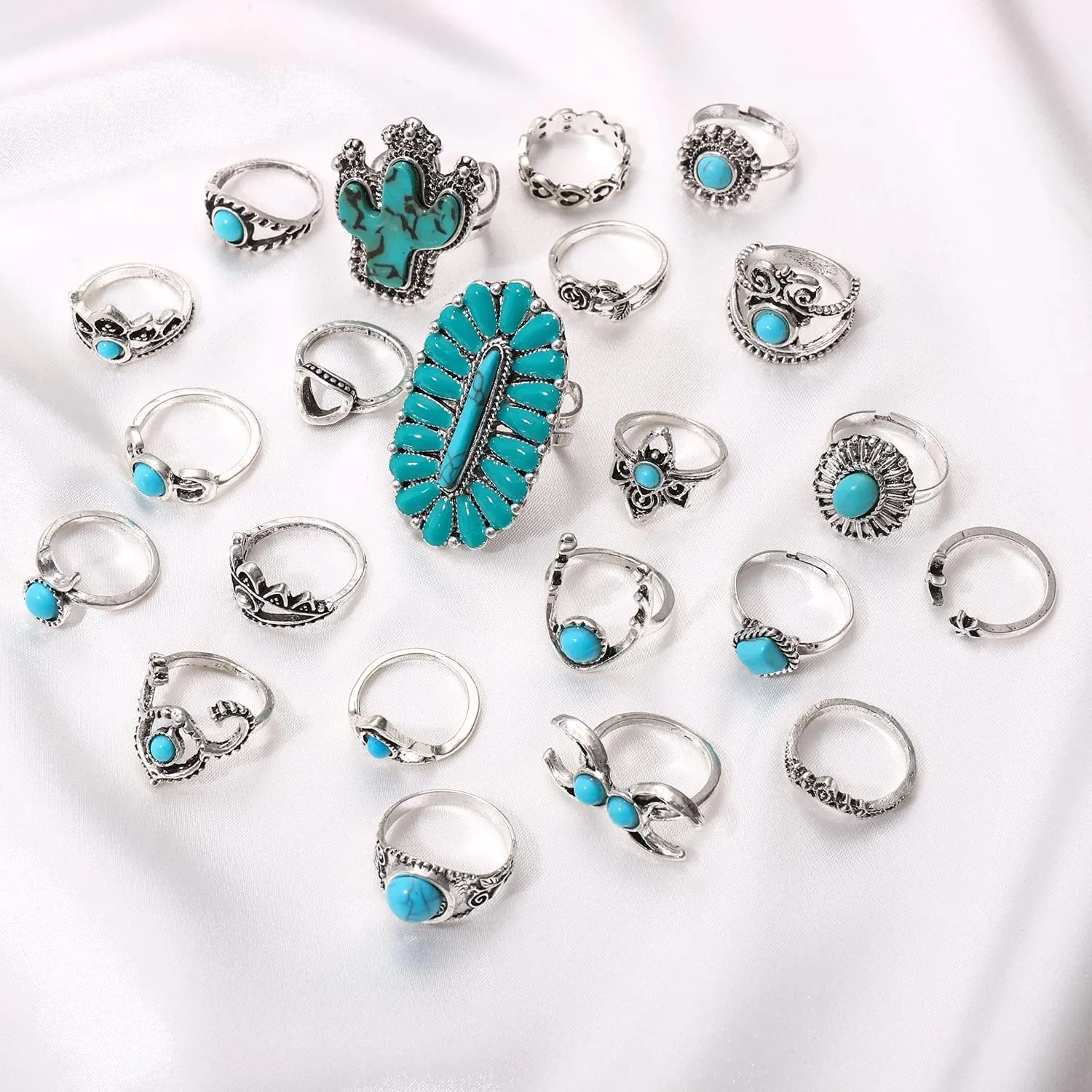 36-40 Pcs Vintage Silver Knuckle Rings for Women WesternTurquoise Rings Boho Silver Oval Gemstone Ring Joint Knuckle Rings