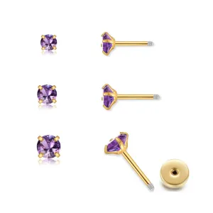 3Pairs CZ Stud Flat Screw Back Earrings for Women Multiple Piercing,Dainty Flatback Cubic Zirconia Cartilage Earring Stud,Helix Tragus Conch Piercing Jewelry (2mm/3mm/4mm Gold, Purple CZ)