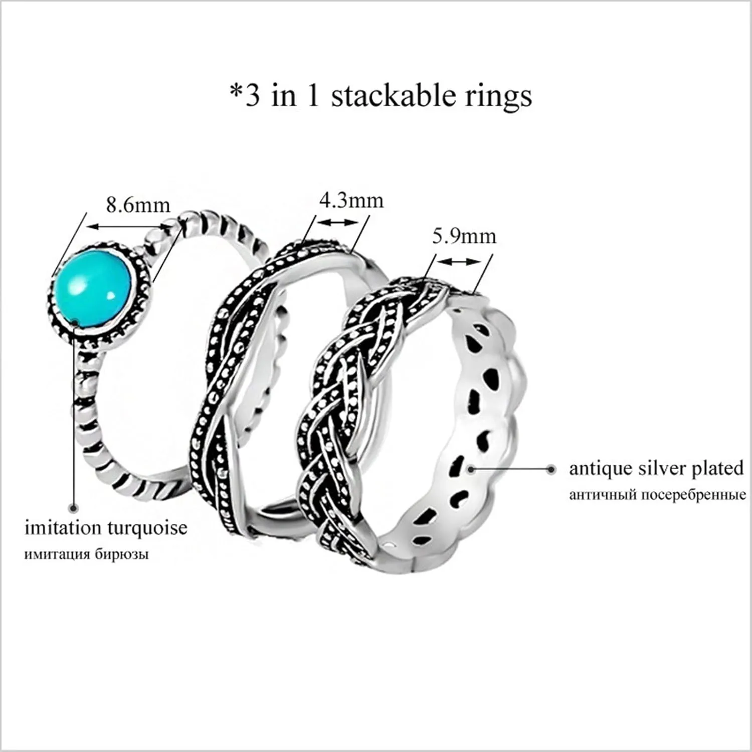 3PC Ring Set Women's Vintage Rings Braided Twisted Statement Ring Stackable Anniversary Ring (Blue, 9)