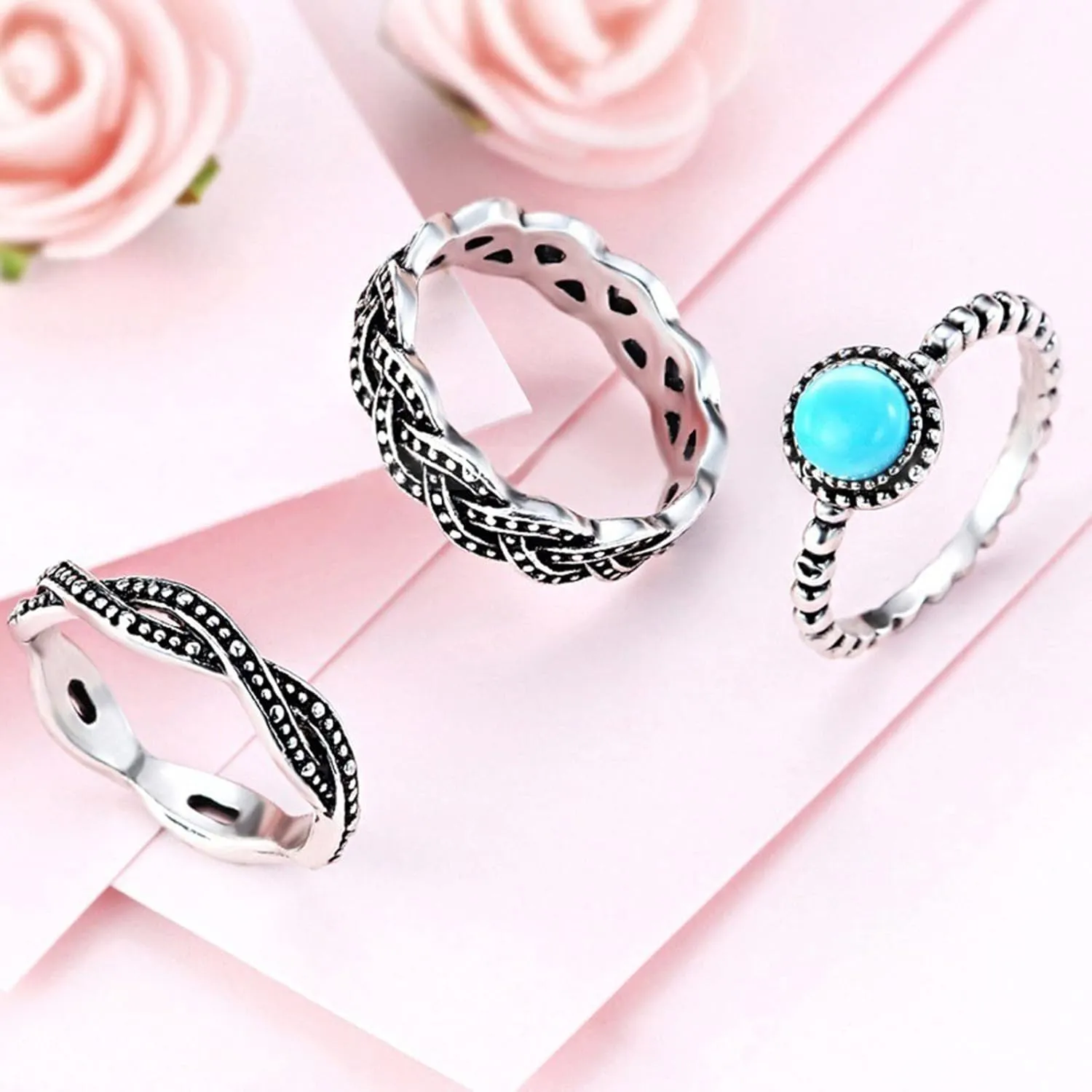 3PC Ring Set Women's Vintage Rings Braided Twisted Statement Ring Stackable Anniversary Ring (Blue, 9)