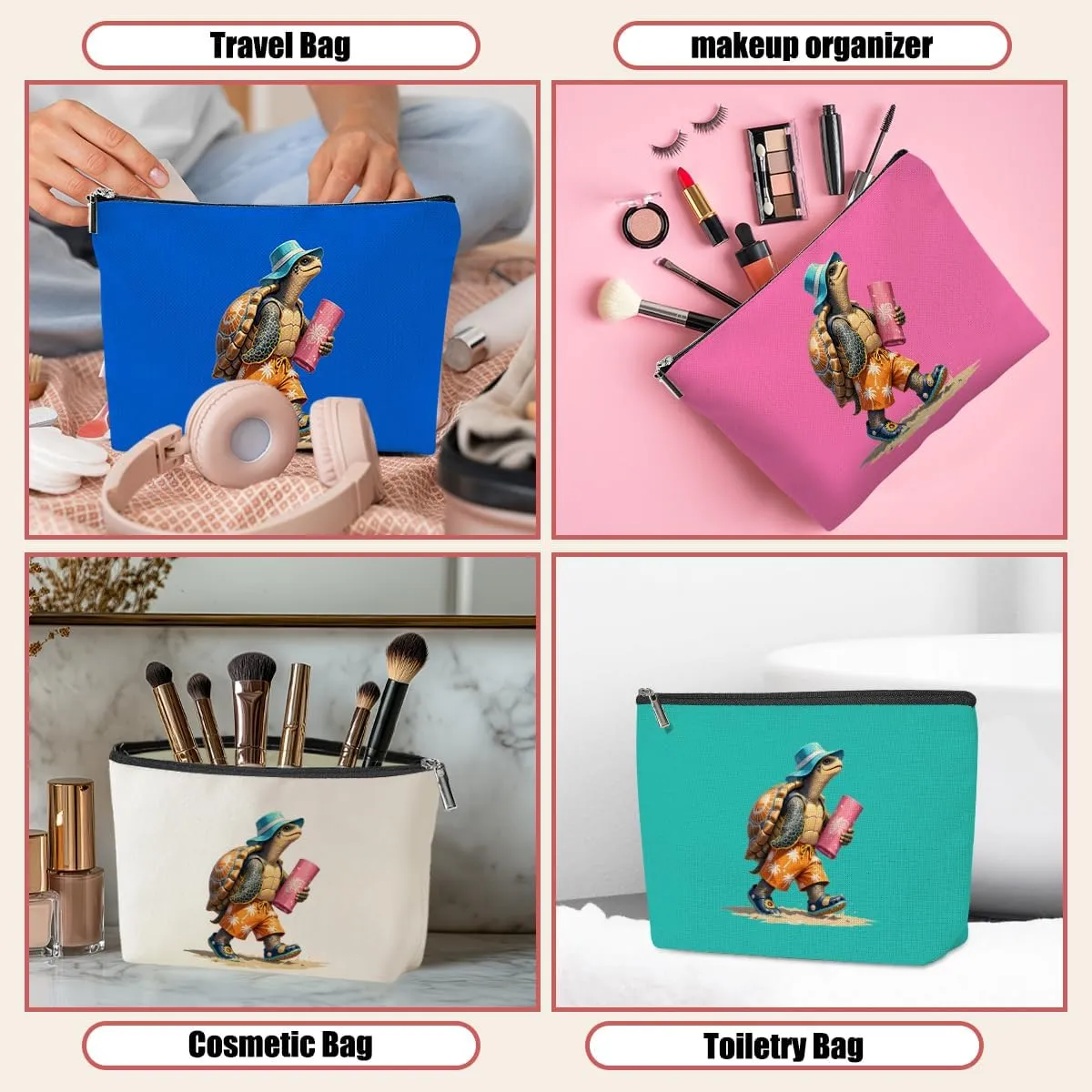 4 Pack Funny Beach Sea Turtle Gifts for Women Turtle Lovers Mom Teacher Girls Trip Makeup Bag,Travel Essentials Cosmetic Bags for Women,Birthday Graduation Christmas Vacation Girl Weekend Thank You
