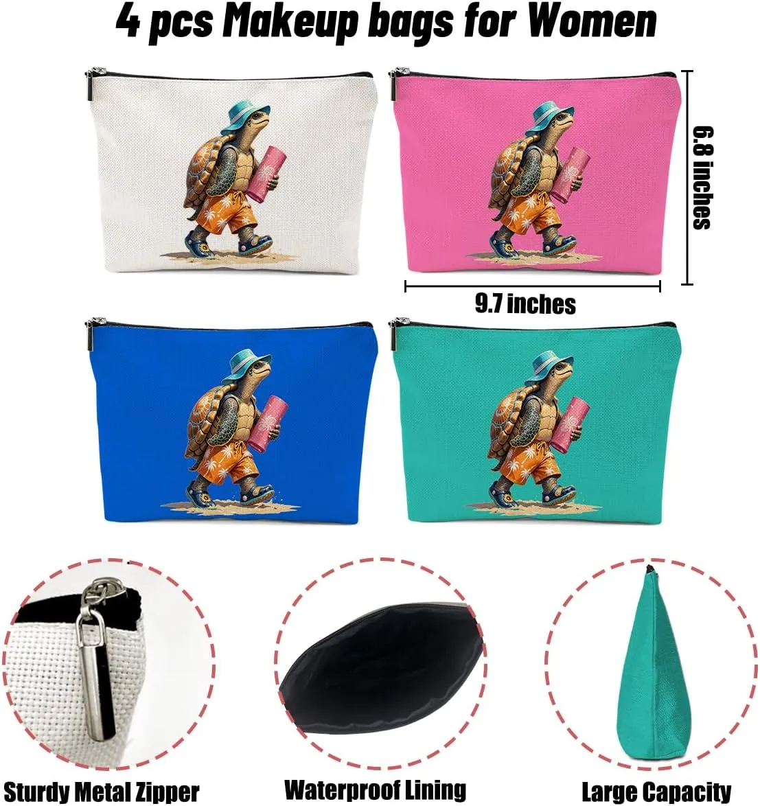 4 Pack Funny Beach Sea Turtle Gifts for Women Turtle Lovers Mom Teacher Girls Trip Makeup Bag,Travel Essentials Cosmetic Bags for Women,Birthday Graduation Christmas Vacation Girl Weekend Thank You