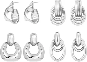 4 Pairs 14K Gold Plated Dangle Earrings for Women Knot Teardrop Chunky Gold Statement Drop Earrings for Women Trendy Jewelry Gifts