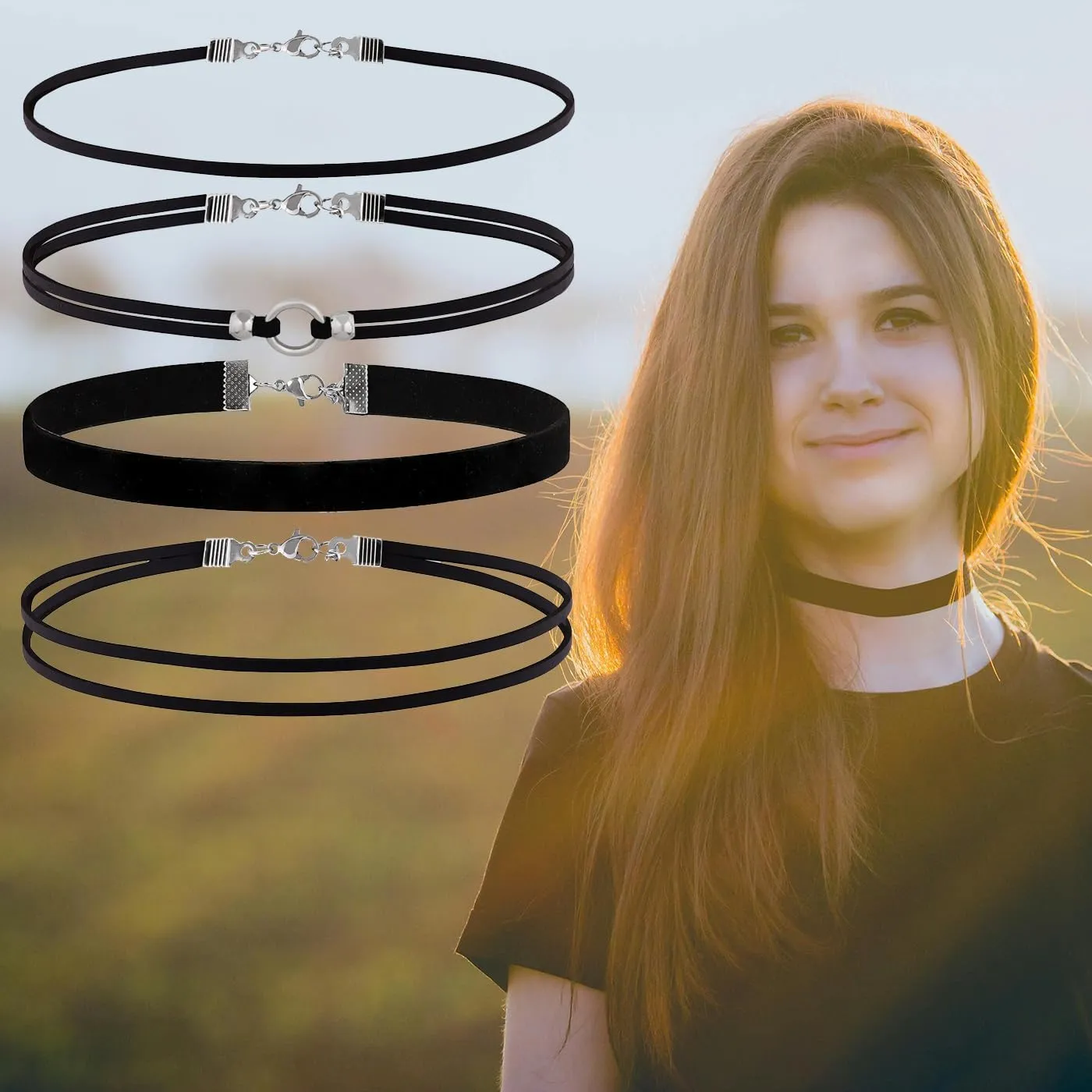 4PCS Black Choker for Women Black Lace Velvet Chocker Set Layered Classic Choker Necklace Velvet Collar Adjustable Gothic Chokers