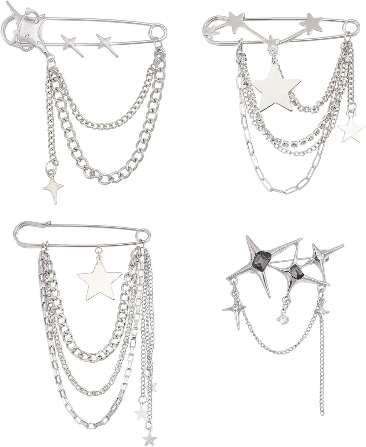 4Pcs Stars Punk Tassel Chain Brooch Layered Chain Tassel Brooch Pins Vintage Safety Pin Brooch for Women Lapel Suit Collar Dress Sweater Shawl Coat
