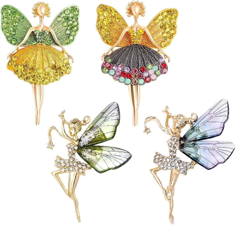 4Pcs Vintage Butterfly Dragonfly Insect Brooch Pins and Rhinestone Golden Angel Wings Ballet Brooch for Women Elegant Clothing Accessory