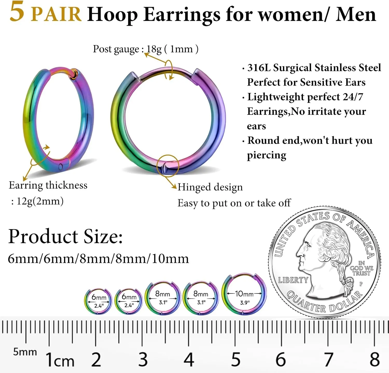 5 Pairs Small Gold Silver Hoop Earrings for Women Men,Hypoallergenic 316L Surgical Stainless Steel Earrings for Sensitive Ears,Cute Tiny Huggie Hoops Earrings Set for Multiple Piercing Jewelry Gift