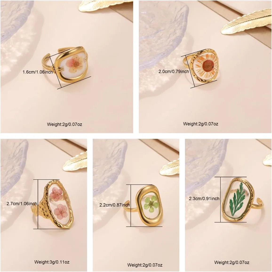 5pcs 18k Gold Plated Floral Adjustable Rings Chunky Gold Rings Vintage Jewelry Y2k Accessories Don't Tarnish Ring Set