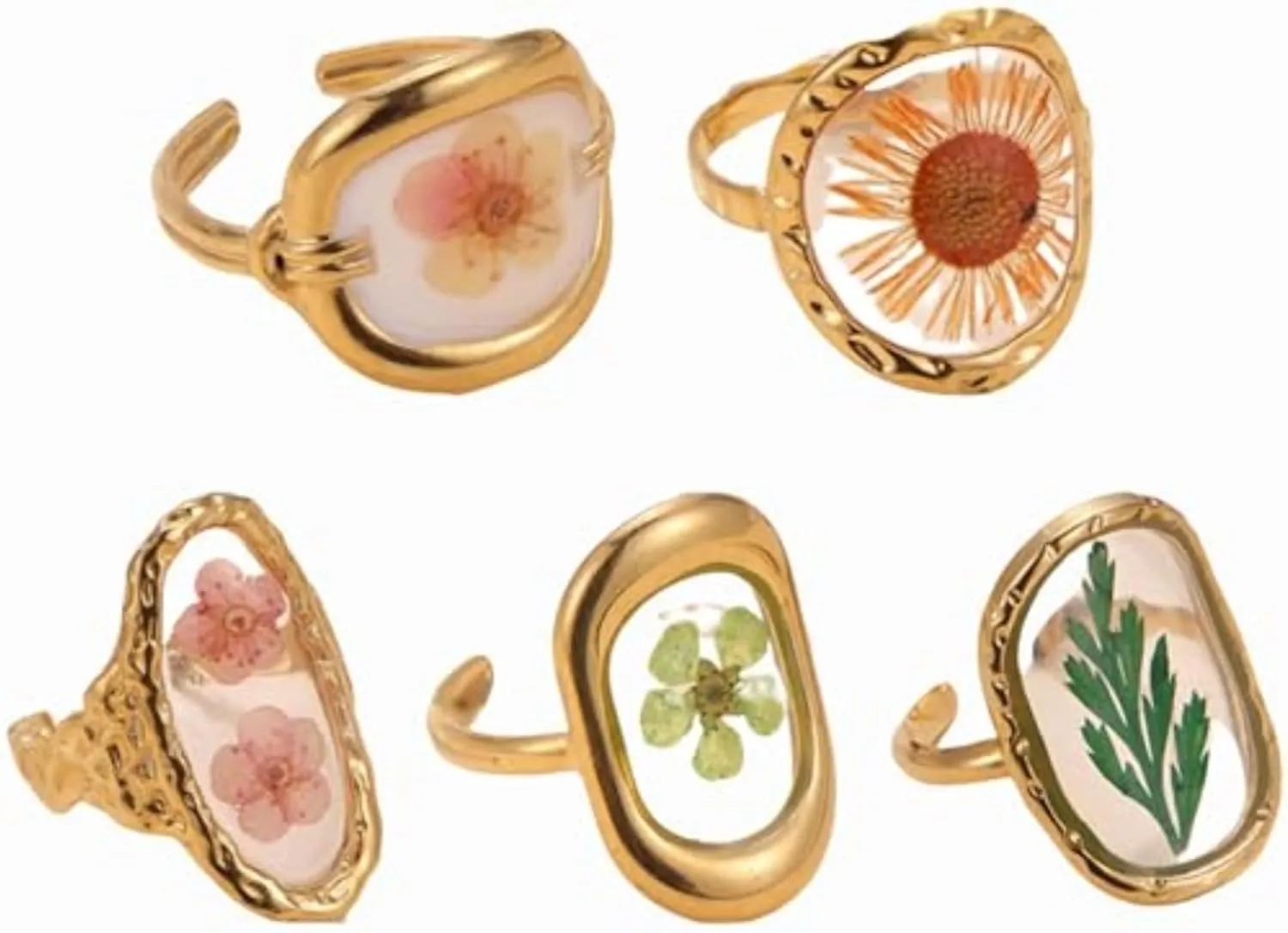 5pcs 18k Gold Plated Floral Adjustable Rings Chunky Gold Rings Vintage Jewelry Y2k Accessories Don't Tarnish Ring Set