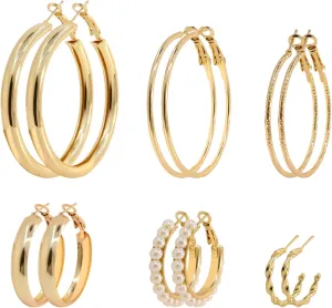 6 Pairs Gold Hoop Earrings Set for Women Fashion Lightweight Chunky Pearl Earrings Multipack Twisted Statement Earring Small Big Hoops Earrings Set for Women Jewelry Gifts